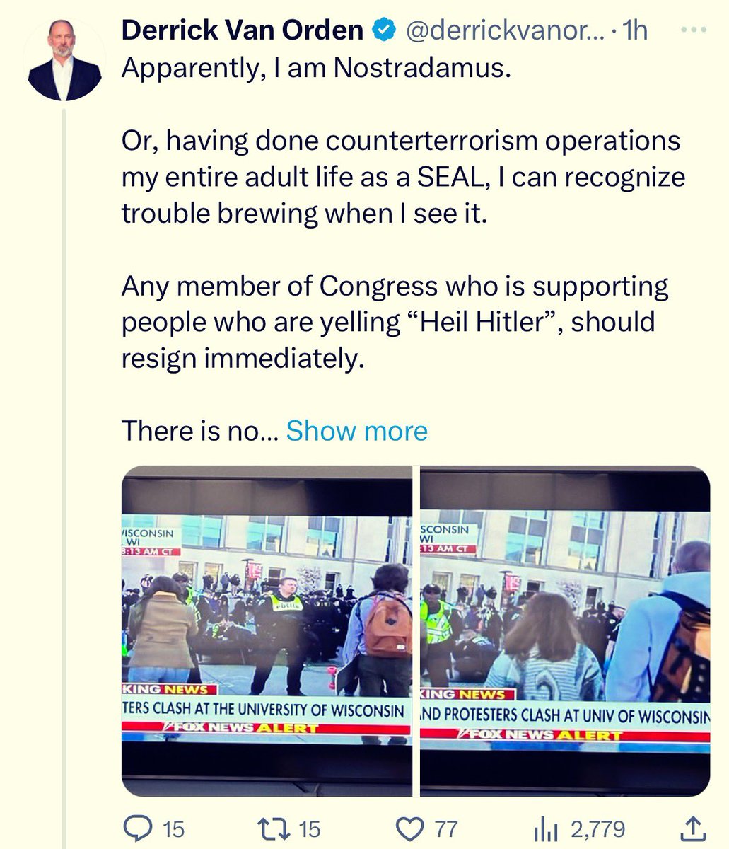Utterly dishonest Derrick Van Orden is recklessly (and falsely) claiming that a member of Congress “is supporting people who are yelling ‘Heil Hitler.’” This is absolutely despicable and cowardly innuendo. Call for his immediate resignation. @LaCrosseTribune