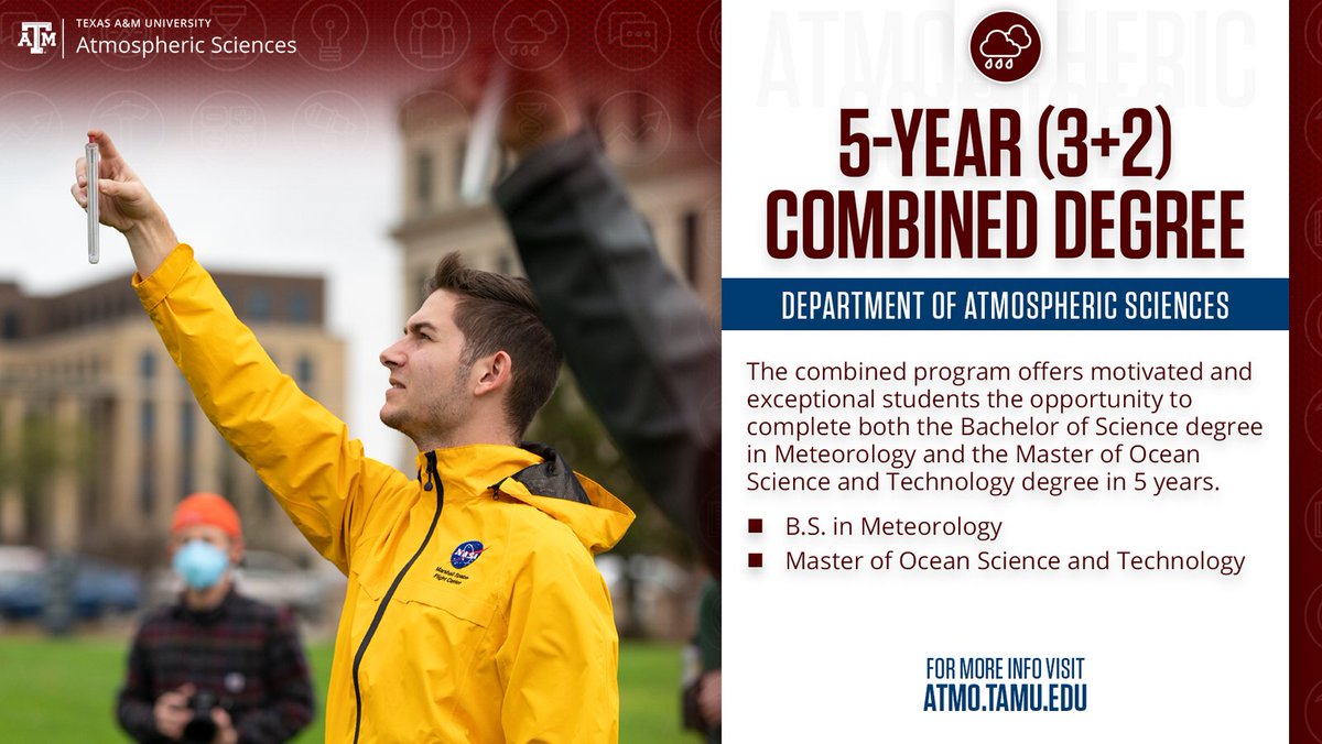 Unlock your potential in atmospheric sciences at @TAMU_ATMO with our 5-Year (3+2) Combined Degree program! Seamlessly earn both a BS in Meteorology and a Master's in Ocean Science and Technology in just 5 years. #Meteorology #OceanScience #CombinedDegree artsci.tamu.edu/atmos-science/…