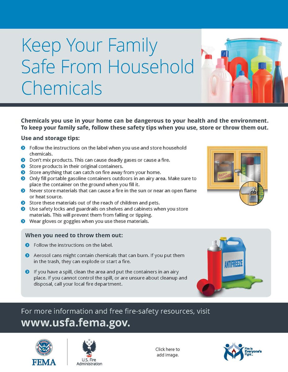 Do you know how to safely handle and store household chemicals? Improper handling can be hazardous to both your health and the environment. The following tips can help ensure your family's safety and help prevent fires. Learn more at usfa.fema.gov.