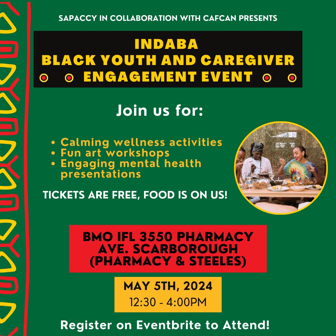 📢SAPACCY & @CAMHNews are hosting an Indaba event for Black youth & caregivers on May 5! Join to learn about @LeongCentre funded research on #BlackMentalHealth 🧠, share your thoughts, and participate in art and #wellness activities! 🎨 Register: eventbrite.com/e/mental-healt…