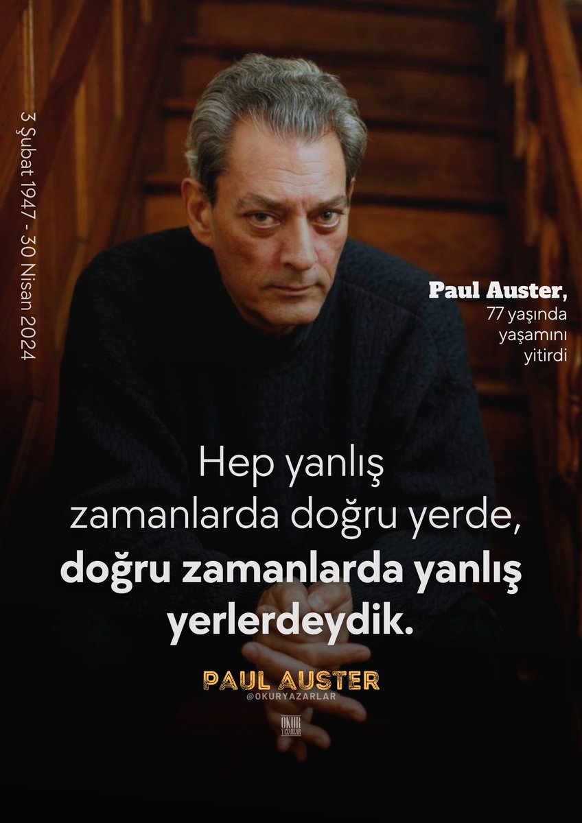 Çağdaş dünya edebiyatının en önemli isimlerinden Paul Auster 77 yaşında yaşamını yitirdi. 

34 kitabın yazarı Auster, roman ve denemelerinin yanı sıra senaryoları ve yönetmenliğini üstlendiği ‘Blue in the Face’ ve ‘Lulu on the Bridge’ filmleriyle de tanınıyordu.

(1947 - 2024) ♥️