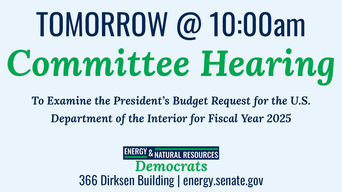 TOMORROW: At 10:00AM Chairman @Sen_JoeManchin and @EnergyDems will receive testimony from @SecDebHaaland regarding the President’s budget request for @Interior for Fiscal Year 2025. More: energy.senate.gov/hearings/2024/…