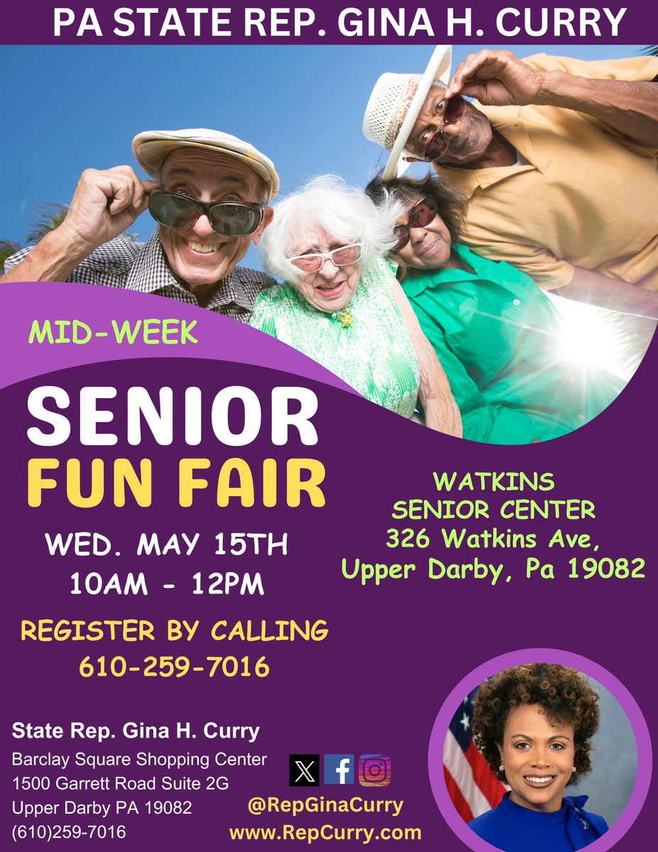 SENIORS! I'm hosting a Fun Fair just for you! Join us at the Watkins Senior Center in Upper Darby on May 15 from 10 a.m. to noon! Spots are limited so call 610-259-7016 to register!