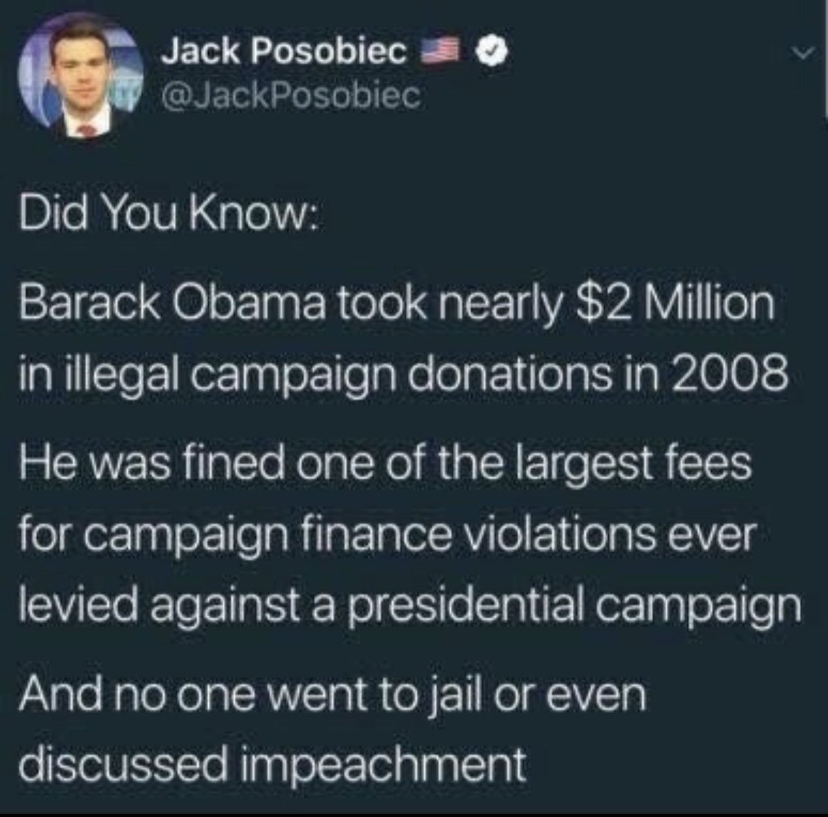 This sham trial with Merchan over a campaign violation? 

Well lookie here👇

The biggest fine in FEC history levied on the 2008 Obama campaign. 

No trial, no jail time, no impeachment mentioned. 

Fact check it. It’s a witch-hunt against DJT.

Who thinks this is BS? 🙋‍♂️