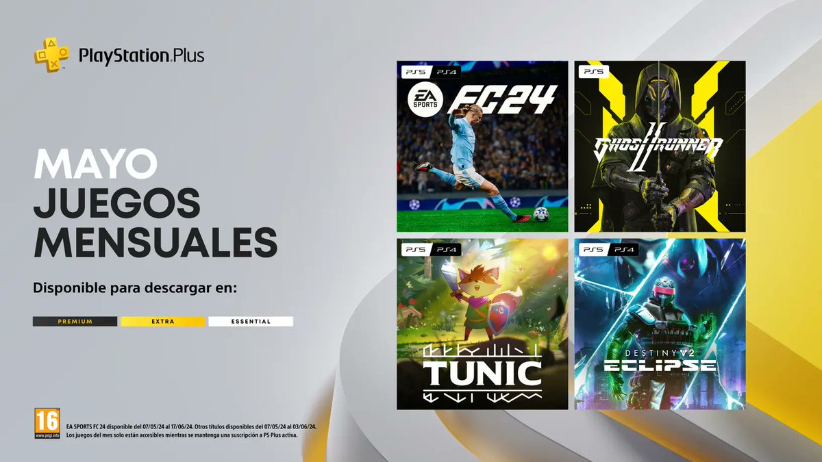 ¡Desvelados los #JuegosDelMes de MAYO en #PlayStationPlus!🤩
⚽️FC 24 de #PS4 y #PS5 (disponible para agregar a tu biblioteca hasta el 17/06)
⚔️Ghostrunner 2 de PS5
🦊Tunic de PS4 y PS5
🔫Destiny 2: Lightfall de PS4 y PS5
¡Más info! 👉bit.ly/JDMMY24BG