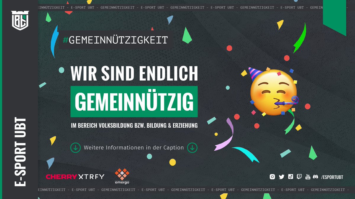 Wir sind endlich gemeinnützig (im Bereich der Volksbildung)! 🥳

So sehr wir uns auch freuen, ist es wichtig zu betonen, dass dies keine dauerhafte Lösung darstellen kann und auch nicht für jeden Verein umsetzbar ist.

➡️ Weitere Infos findet ihr unter: esportubt.de/gemeinnuetzigk…