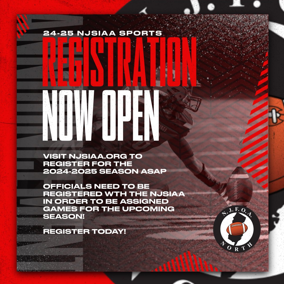 NJSIAA REGISTRSTION FOR 24-25 IS OPEN! All officials must be registered with the NJSIAA in order to be assigned games for the upcoming season. Visit njsiaa.org to register today! #football #referees #njfoa