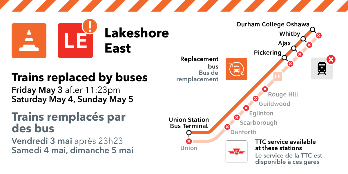 On May 4 and 5 GO there will be no Lakeshore East train service due to construction. GO buses will be available at Oshawa, Whitby, Ajax and Pickering. If you are travelling from Rouge Hill, Guildwood, Eglinton Scarborough or Danforth, please use TTC. bit.ly/3xDmNex