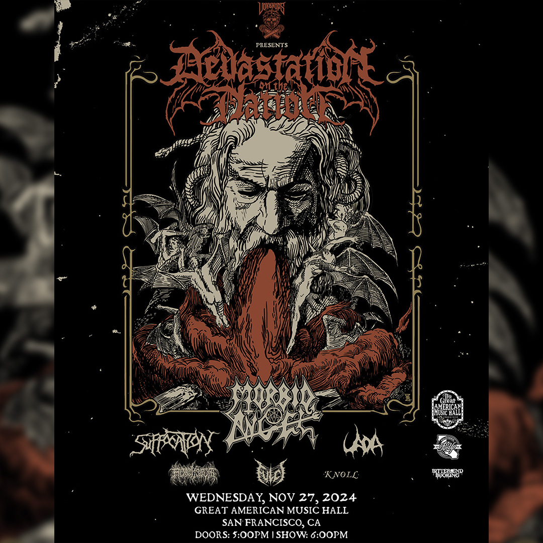 INCOMING!🔥 Devastation on the Nation descends upon GAMH this Nov. 27th !! 👉 This diabolic mind-crushing tour ft. none other than @morbidangelband, @suffocation, UADA, MORTIFERUM, @Fulcicult and @KnollGrind !!! 💥🌋🤯🌋💥 ⏳On sale Fri, 5/3 @ 8am 🎟️: ow.ly/uErT50Rt2fl