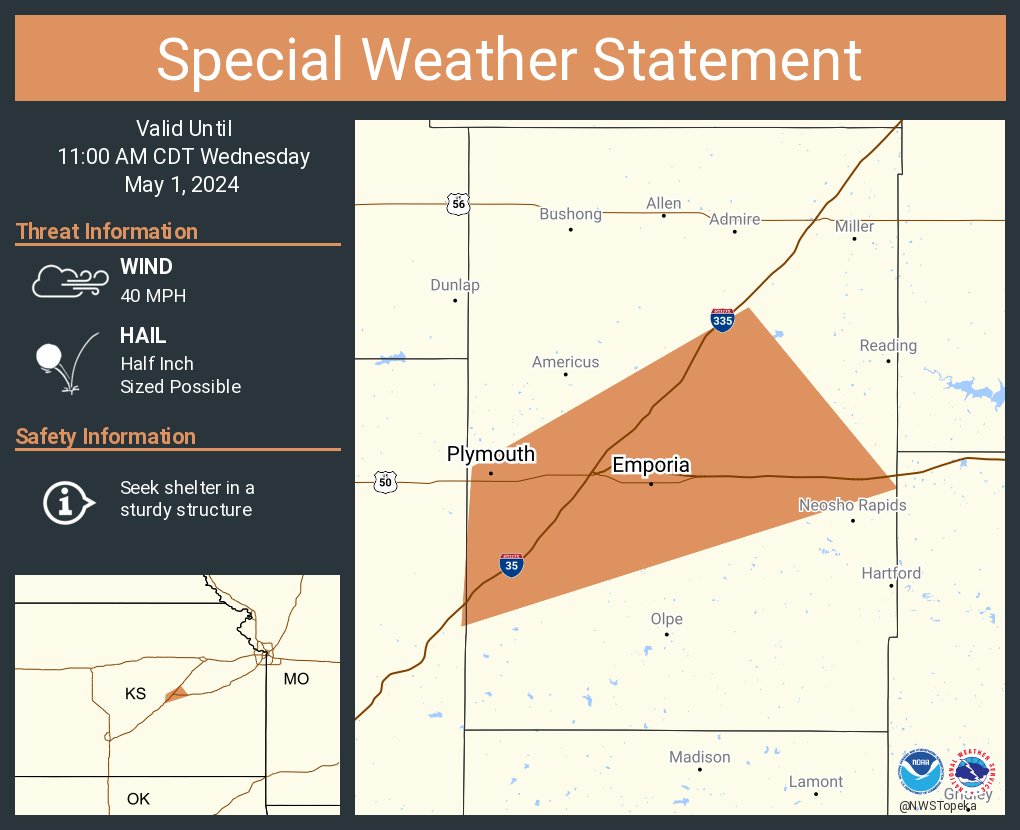 A special weather statement has been issued for Emporia KS and Plymouth KS until 11:00 AM CDT