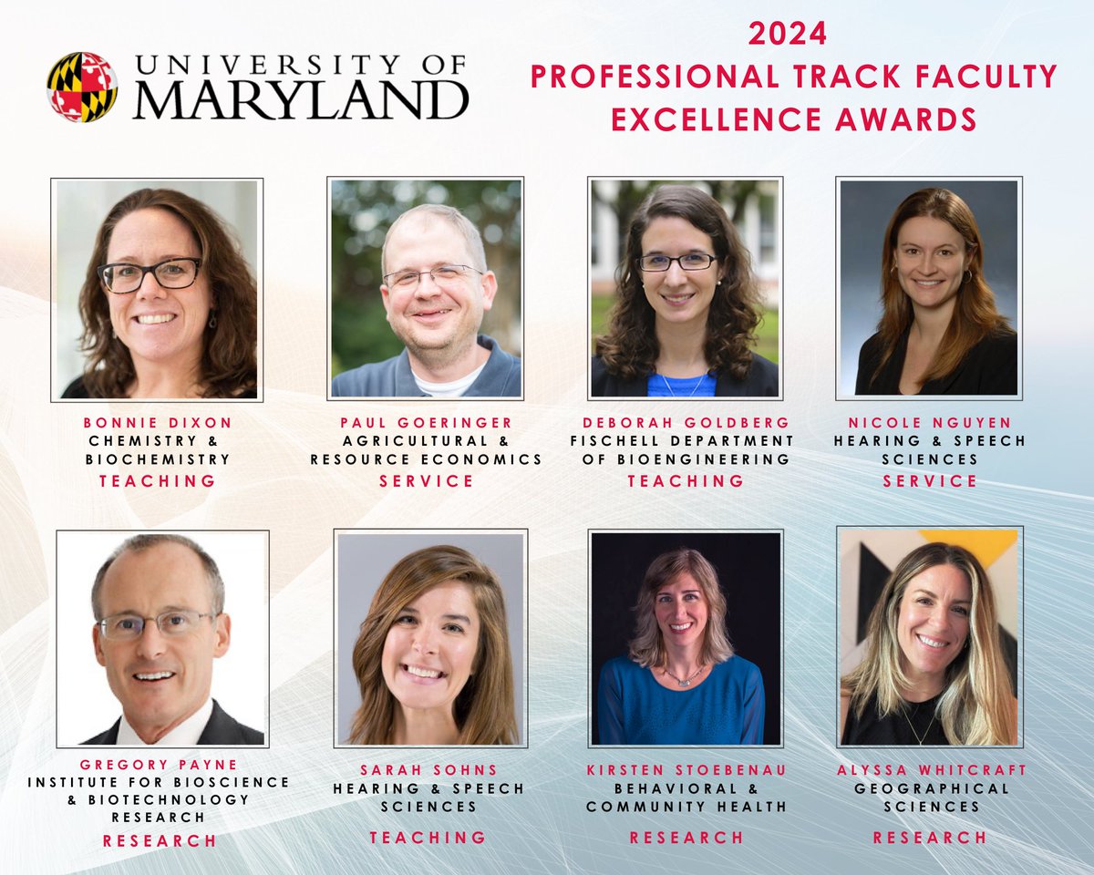 Congratulations to the 2024 Professional Track Faculty Excellence Award Recipients! @UofMaryland @UMDscience @ChemBiochemUMD @UMD_AGNR @ClarkSchool @UMDBIOE @bsosumd @UMD_IBBR @UMDPublicHealth @umdgeography #UMD