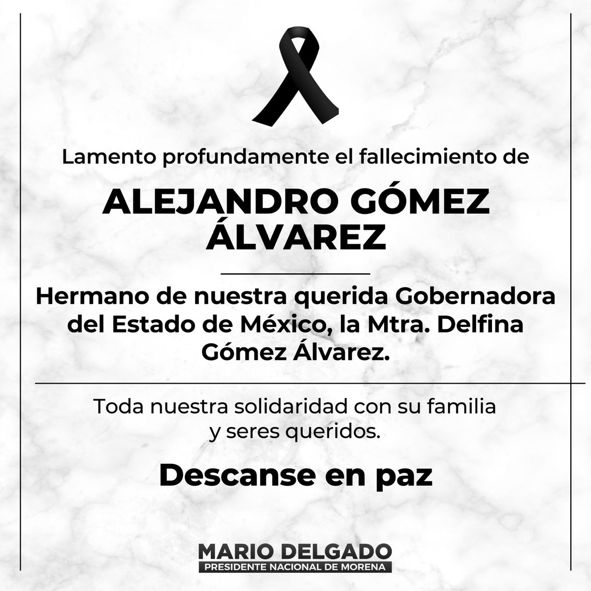 Desde @PartidoMorenaMx le damos nuestras más sinceras condolencias a nuestra querida Gobernadora, @delfinagomeza, y a toda su familia por esta irreparable pérdida. Todo nuestro cariño, solidaridad y apoyo en este momento tan difícil. Descanse en paz.