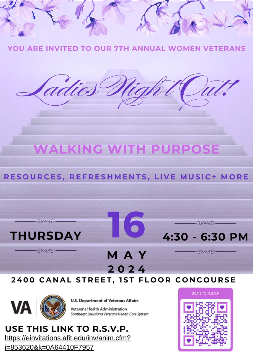 #WomenVeterans, the Southeast Louisiana Veterans Health Care System will host our 7th annual Women Veterans’ Ladies Night Out  May 16!

Scan the QR code or use the following link to RSVP: einvitations.afit.edu/inv/anim.cfm?i…. 

#VANewOrleans - a promise made and a promise kept.