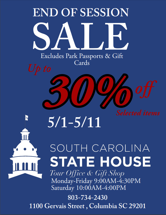 Come shopping with us at the SC State House Gift Shop! End of session sale! Up to 30% off select items, now through May 11. Great Mother's Day gifts! 1100 Gervais Street, Columbia. Enter on the Senate Street side! brnw.ch/21wJm49