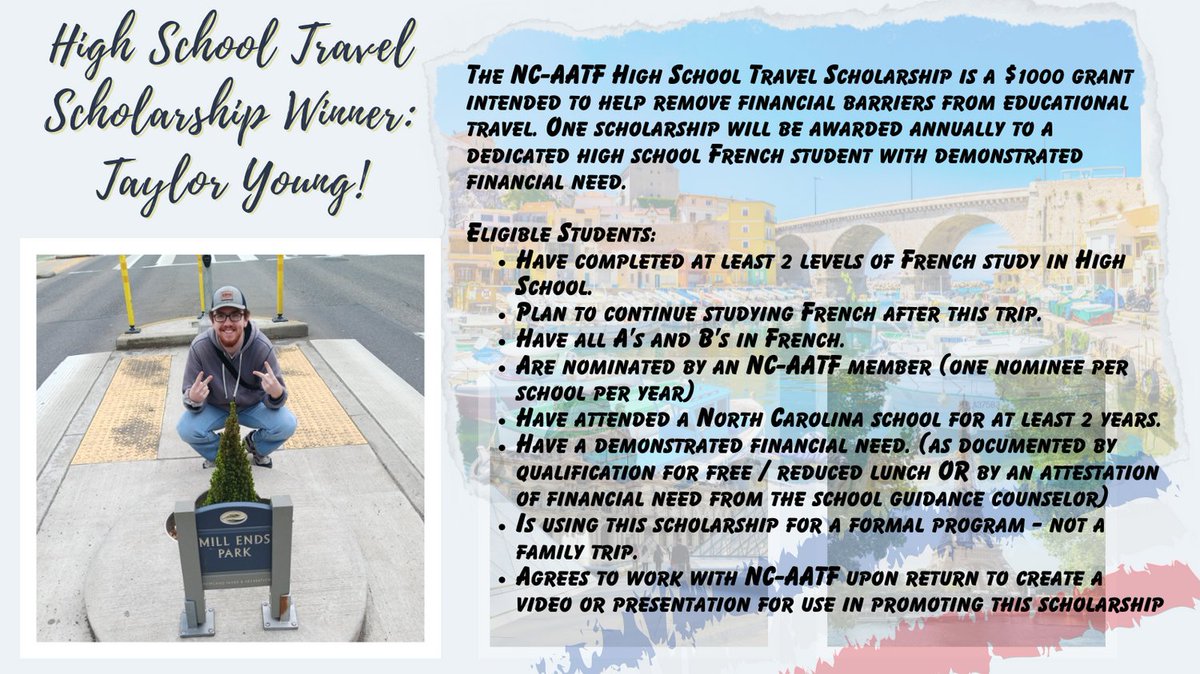 Félicitations to our High School Travel Scholarship winner! Find out more here: sites.google.com/view/ncfrencht… @AATFrench