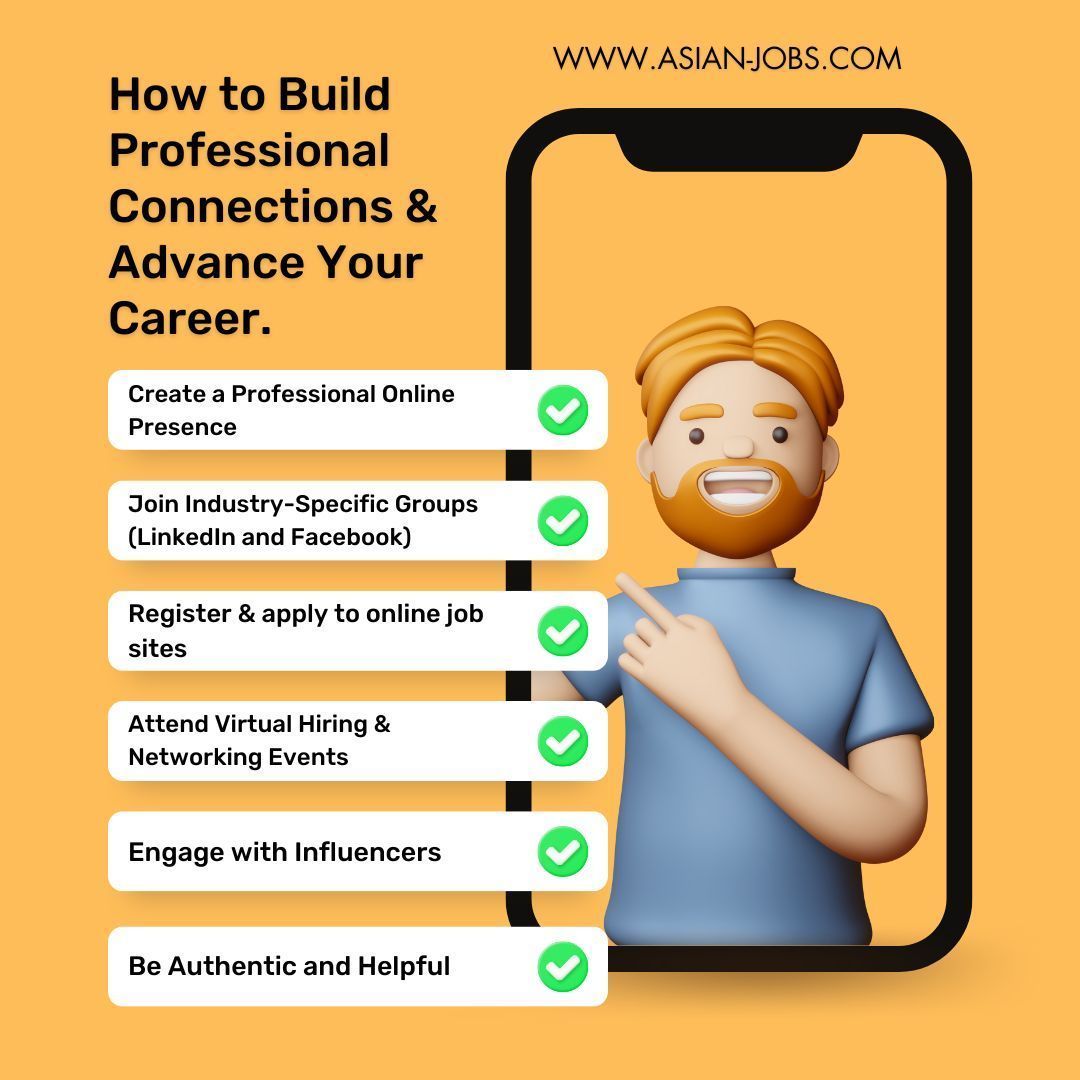 Here are some tips on how to build professional connections and advance your career through online networking. 😉

#networking #connection #professionalconnections #opportunities #work #employmentopportunities #jobsearch #career #careeradvice #jobsboard #onlinejobs #asianjobs