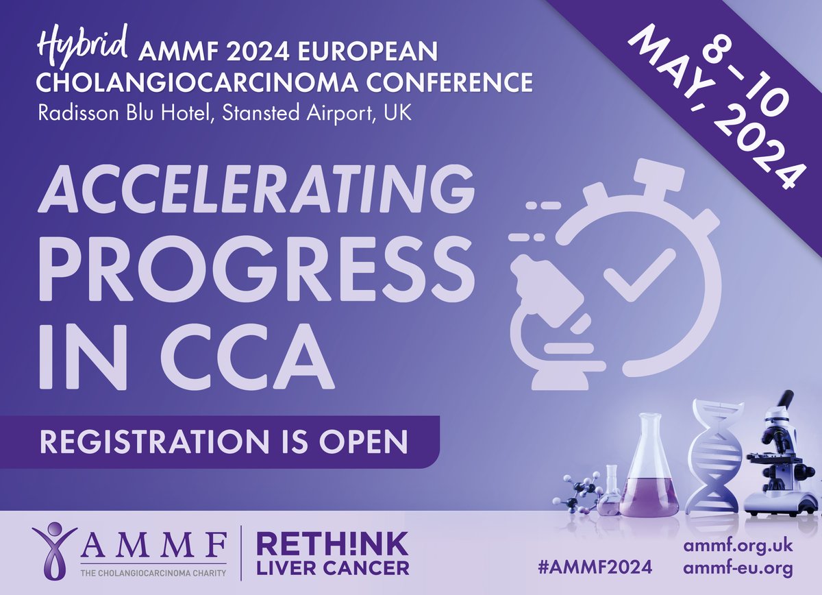 #AMMF’s Hybrid 2024 European Cholangiocarcinoma Conference theme is ‘Accelerating Progress’- join us to explore the frontiers and latest advances in the treatment of CCA. 

Register today: ammf.org.uk/ammf-conferenc…

#AMMF2024 #cholangiocarcinoma #BileDuctCancer #livertwitter