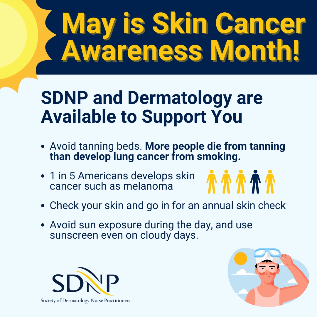 Skin Cancer Awareness Prevention Month: Protect your skin, protect your future! Join SDNP in spreading awareness and fostering sun-safe habits for a healthier tomorrow. ☀️ #skincheck 

#SDNP #Dermatology #NursePractitioners #SkinCancerPrevention #SkinCancerAwareness