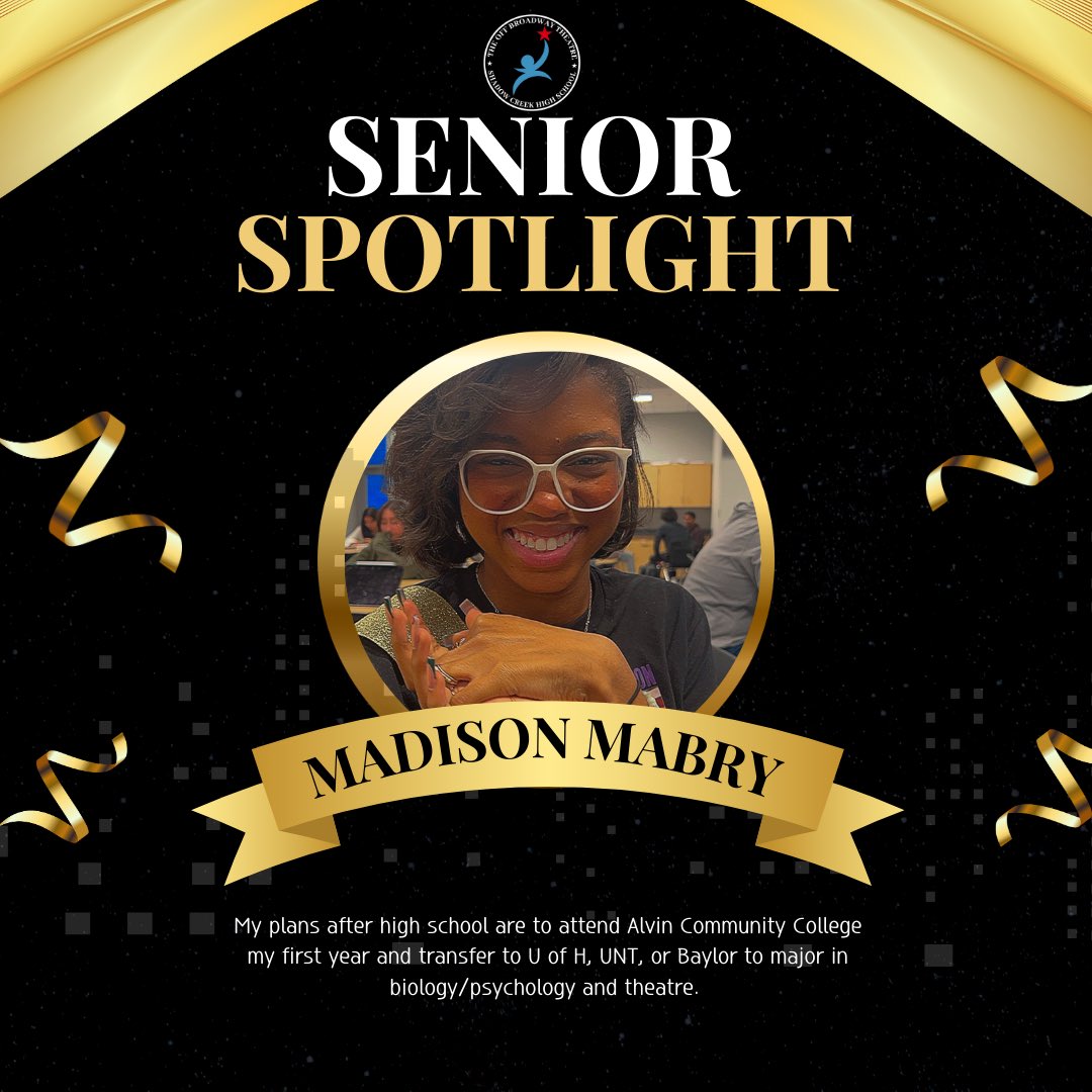 Our next senior spotlight is Madison Mabry, who has been in theater all 4 years and we are so proud of her and her hard work!! From being an officer for the Off Broadway Theater, and being an AD for two productions. @ShadowCreekHS @AISDFineArts