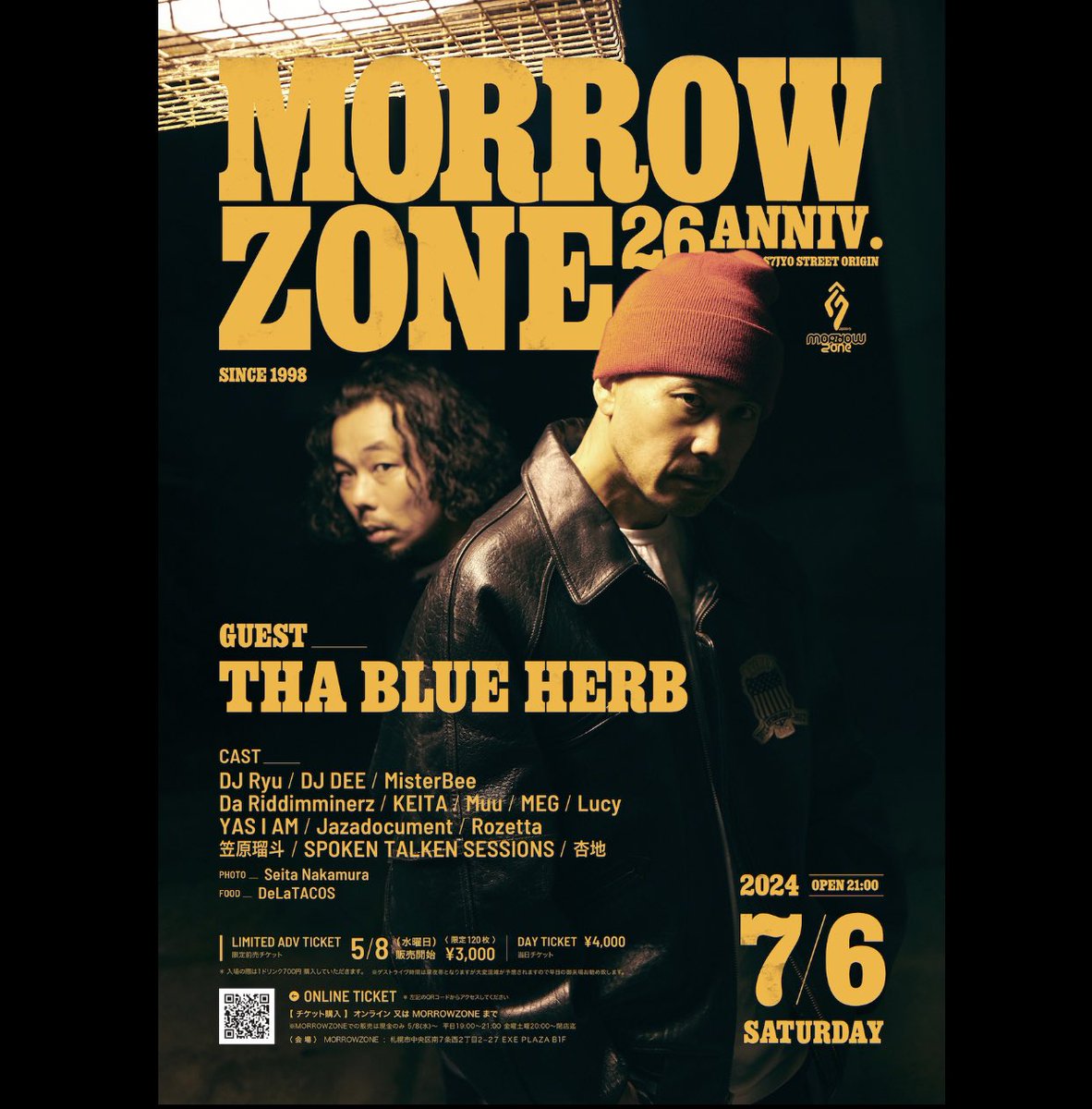 jaykmjp's tweet photo. MORROWZONEでTHA BLUE HERBやるのは下の世代にも見てもらいやすい環境だと思うから。もちろん興行的な事もあるけどさ TBHワンマンだといけなかったりする人いるでしょ？特にRAPやってる奴は札幌にいる日本のトップランカーを是非感じて欲しい🔥必ず+になるからさ。 🎫は5.8木曜モローで19時発売 https://t.co/FGfKDaOwxA