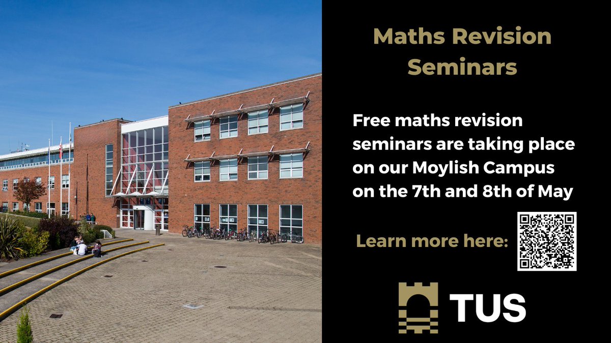 Our FREE Maths Revision Seminar is filling up fast. You must regisiter to secure your place. Register your attendance now 👉 tus.ie/events/tus-lea…

#WeAreTUS #MathsRevision #LeavingCert
