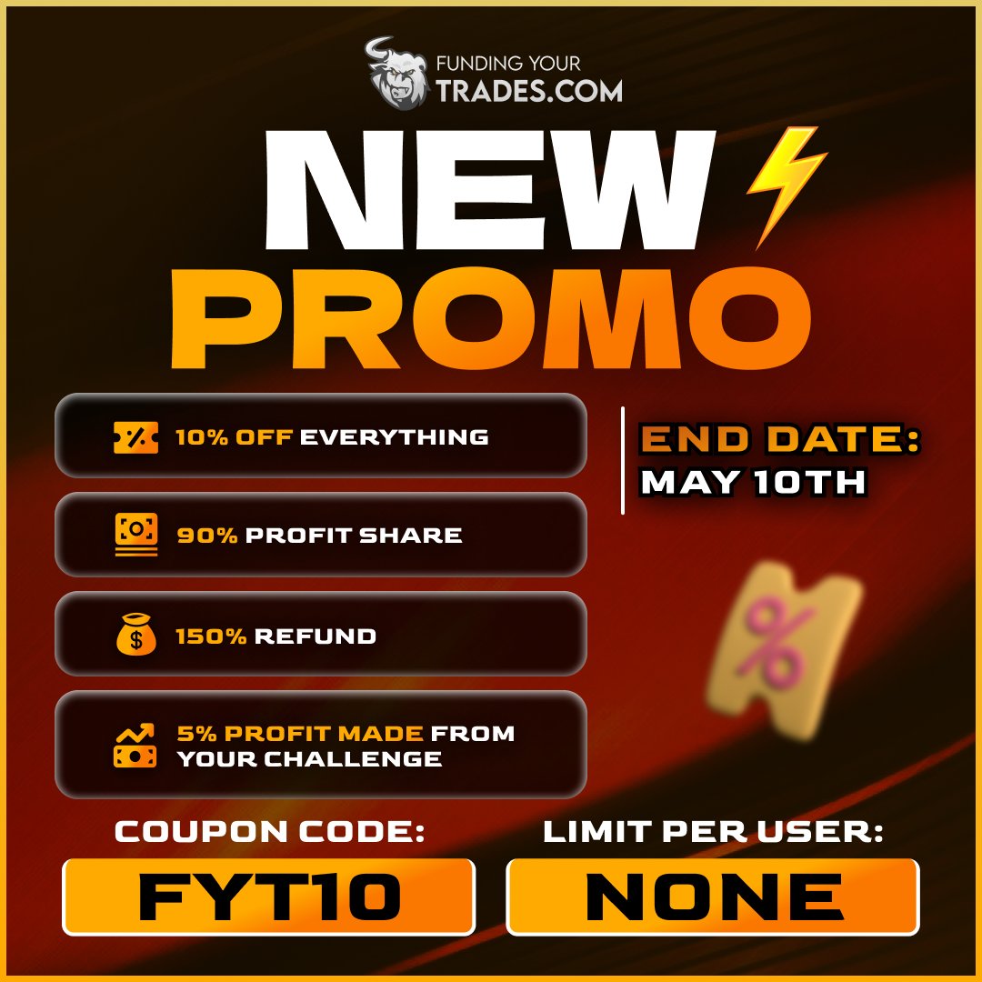 🚀 Exclusive Offer ⭐️ Get 10% OFF your funding package with code FYT10, plus a 150% refund on your fee. Keep 90% of profits and earn an extra 5%. 🔥 Promo Code: FYT10 🗓 Start: May 1st 🗓 End: May 10th Don't miss out! Visit fundingyourtrades.com now. 🌐 Visit Now! #propfirms