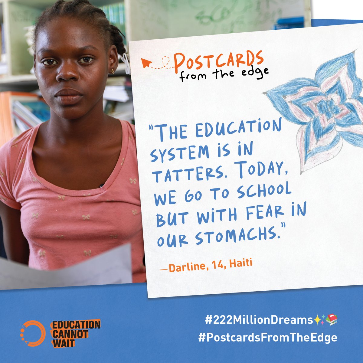 Darline, 14, from #Haiti🇭🇹 demands change & an #education!

@EduCannotWait’s #PostcardsFromTheEdge Campaign amplifies the voices of girls & boys like Darline.

Read Darline’s powerful letter
📨bit.ly/3ixhKoX @UNICEFHaiti
#222MillionDreams✨📚