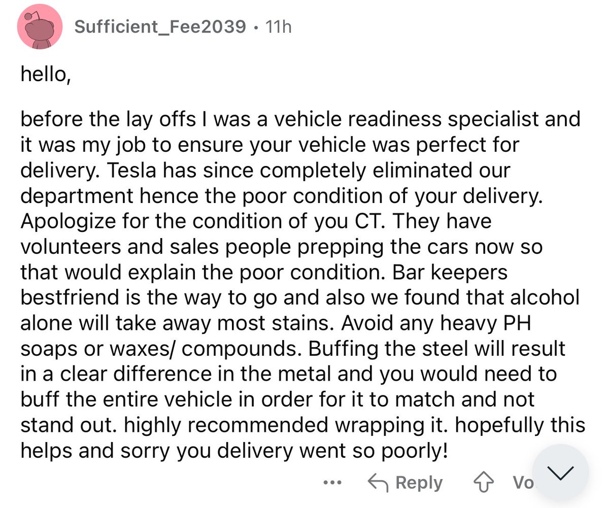 2weeksProbably's tweet image. Another “go fuck yourself” to customers from @elonmusk 

Laid off the entire delivery prep team resulting in a shitty experience. Go ahead and remove “delivery experience” from the Tesla moat ✔️

$TSLA $TSLAQ