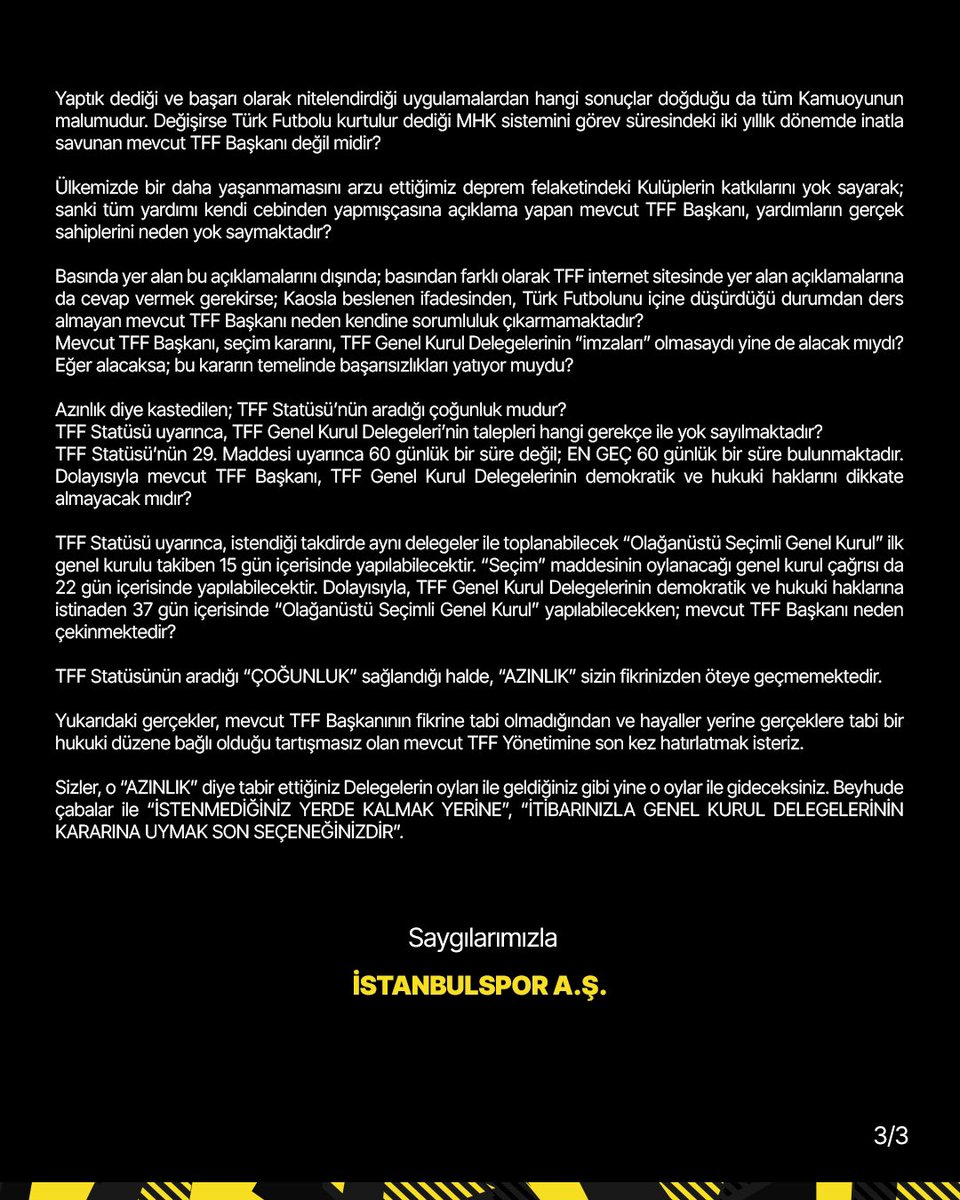 YİNE SORUYORUZ NEREDE GERÇEKLER?

Mevcut TFF Başkanı tarafından bugün gerek basında, gerekse TFF’nin resmi internet sitesi olan tff.org ‘de yapılan açıklamalarına ilişkin olarak yine, yeni ve yeniden gerçeklerin açıklanması zorunluluğu doğmuştur.