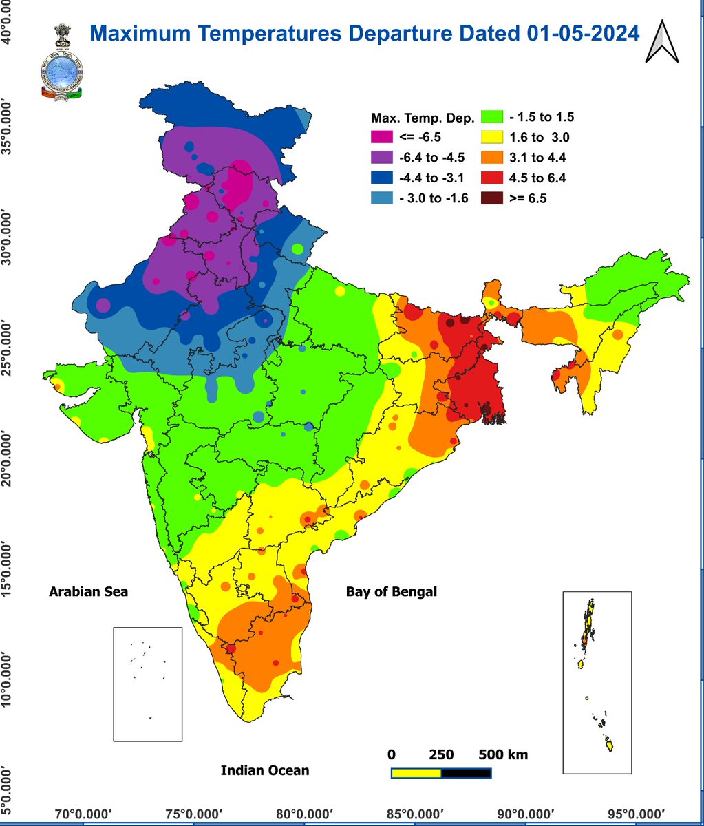 Maximum Temperature and Maximum Temperature Departure Profile recorded at 1730 hrs IST of today, the 01st May, 2024. @moesgoi @ndmaindia @DDNewslive @airnewsalerts