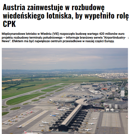 @Jowita_W Międzynarodowe lotnisko w Wiedniu (VIE) rozpoczęło rozbudowę. Efektem ma być największe centrum przesiadkowe i przeładunkowe (cargo) w naszej części Europy. 
Dlaczego rząd Tuska celowo marnują szanse rozwojowe Polski?
#TakDlaCPK