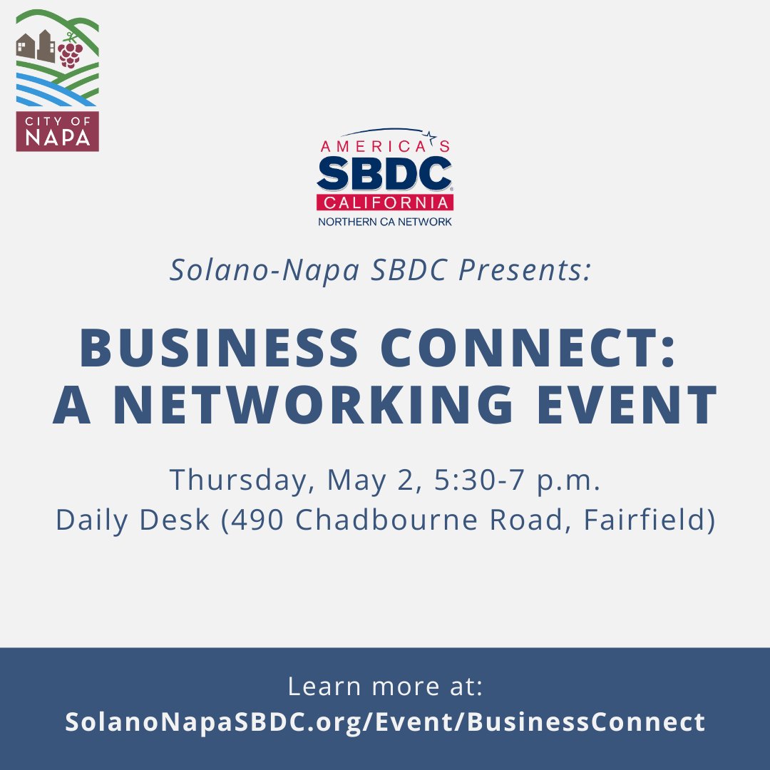 Enjoy an evening of networking and inspiration at Business Connect, hosted by the Solano-Napa SBDC! 🗓️ Thursday, May 2, 5:30-7 p.m. 📍 Daily Desk, 490 Chadbourne Road, Fairfield ✅ RSVP now at bit.ly/3JHg31X ✅ Learn more: bit.ly/3JK7aog