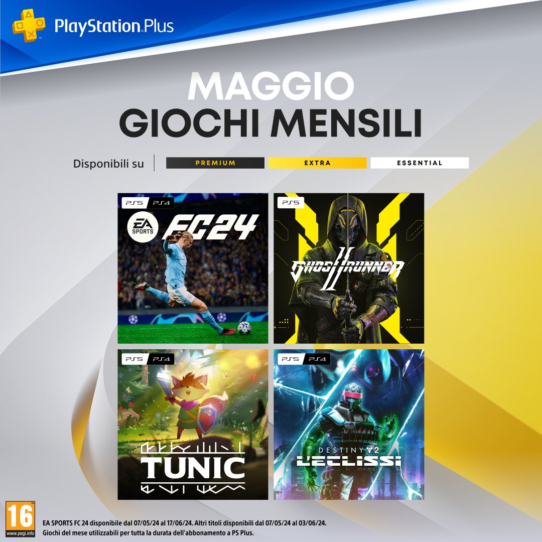 PlayStationIT's tweet image. I giochi mensili PlayStation Plus di maggio sono:
⚽ EA Sports FC 24
👟⚔️ Ghostrunner 2
🦊 Tunic
🏄Destiny 2: L'eclissi
Scopri tutti i dettagli: play.st/4dlqea4