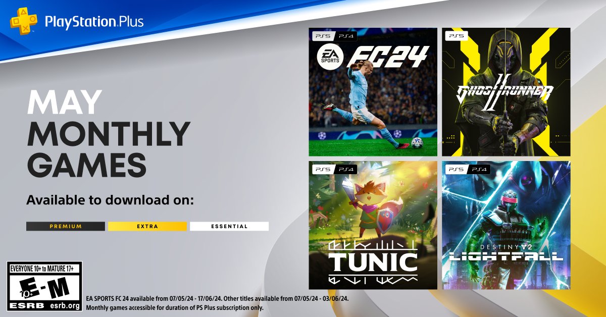 The PlayStation Plus Monthly Games for May are: ⚽ EA Sports FC 24 👟⚔️ Ghostrunner 2 🦊 Tunic 🏄 Destiny 2: Lightfall Full details: play.st/3JJVPVw