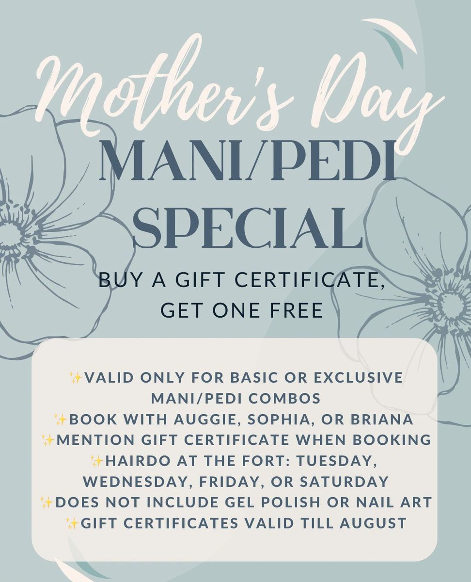 💐💖Celebrate Mom all summer long with our exclusive Mother's Day special!💅✨Our Mani/Pedi offer is here: Buy a gift certificate, get one FREE!🎀✨ #MothersDaySpecial  #ManiPedi #hairdolyfe #hairdosalon #spanishfortal #paulmitchell #forthairdo #hairdoaf  
l8r.it/WlOC