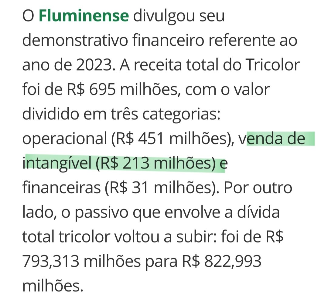 Balanço 2023: gestores do Flu não aproveitaram boom de receitas e premiações p/ pavimentar a posteridade. Superávit de 78M num ano onde recebeu 213M de adiantamento LFU seria um brutal déficit se não fosse tal receita prévia de direitos de transmissão (venda de intangível). 🧵