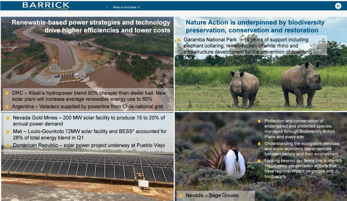 #BarrickGold #Green revolution is on the way:
1. #KibaliGold Hydropower blend 90% cheaper than diesel.
2. Biodiversity preservation with introduction of #rhino in Garamba Park, #DRC 
3. #Nevada sage grouse protection and #conservation
4. #Nevada Gold Mines 200 MW solar facility.