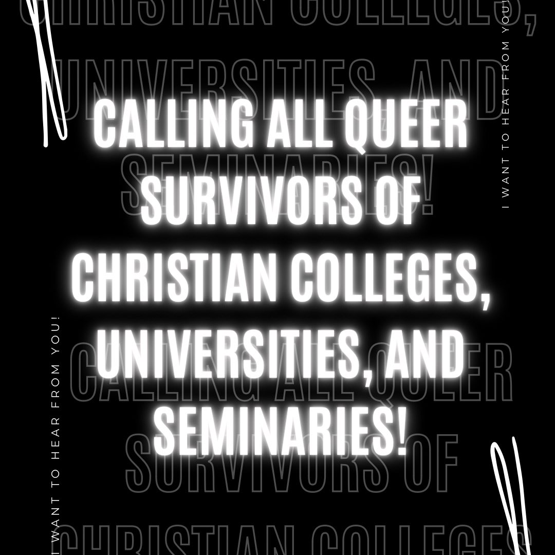 🚨Where my 🏳️‍🌈 alumni from Liberty, Bob Jones, Pensacola Christian, Wheaton, Azusa Pacific, Dallas Theological, + all other Christian colleges/universities/seminaries at?!🚨 

I want to hear YOUR stories!

Feel free to retweet, comment, + like to boost this post + spread the word!