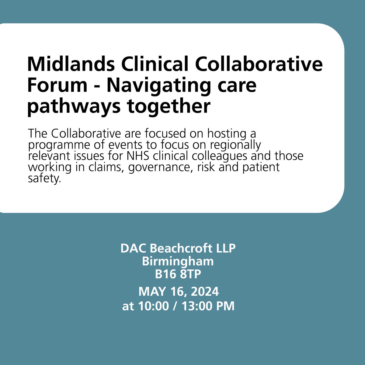 NHSResolution's tweet photo. Are you a clinical, quality or governance lead in the Midlands?
If so, consider attending the in-person #MidlandsClinicalCollaborative on 16 May 2024. Our #SafetyandLearning team will be discussing learning from claims data.
Find out more and sign up ➡https://t.co/uAL1R5o8eE https://t.co/zfM5ks0lkS