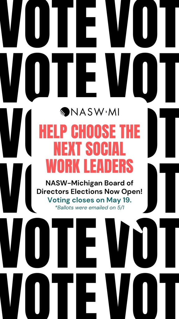 Michigan social workers, YOUR vote is needed! Help choose the next leaders on the NASW-Michigan Board of Directors. Voting opens May 1 (check your email for your specific ballot) and closes on May 19. Learn about all of this year's candidates at bit.ly/4cY6rxl.