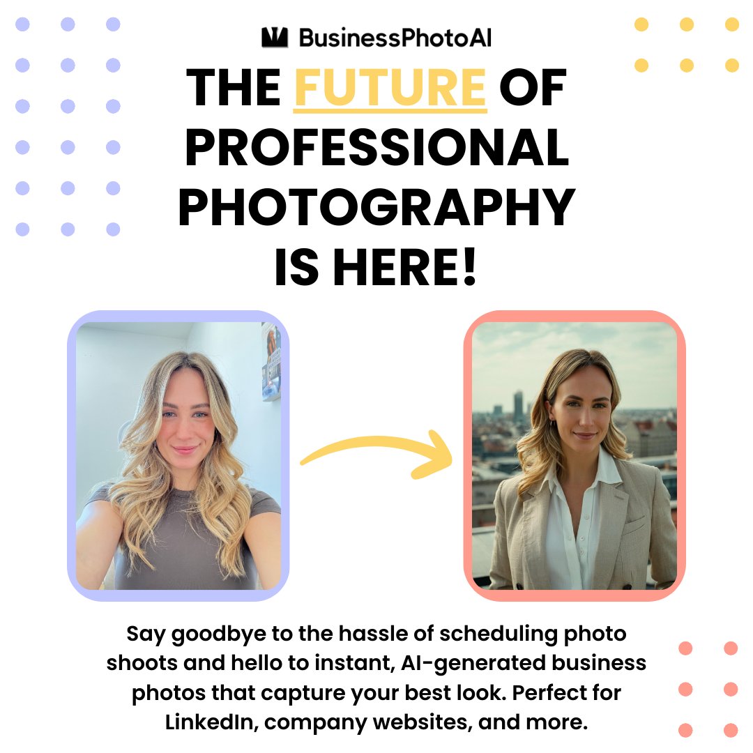 Transform your professional image in seconds! 🌟

With our AI-generated business photos, you'll be ready to impress on any platform. No scheduling, no waiting - just your best self, instantly. 📸

#professionalphotos #aiphoto #businessprofile #aiprofile #profilepicture