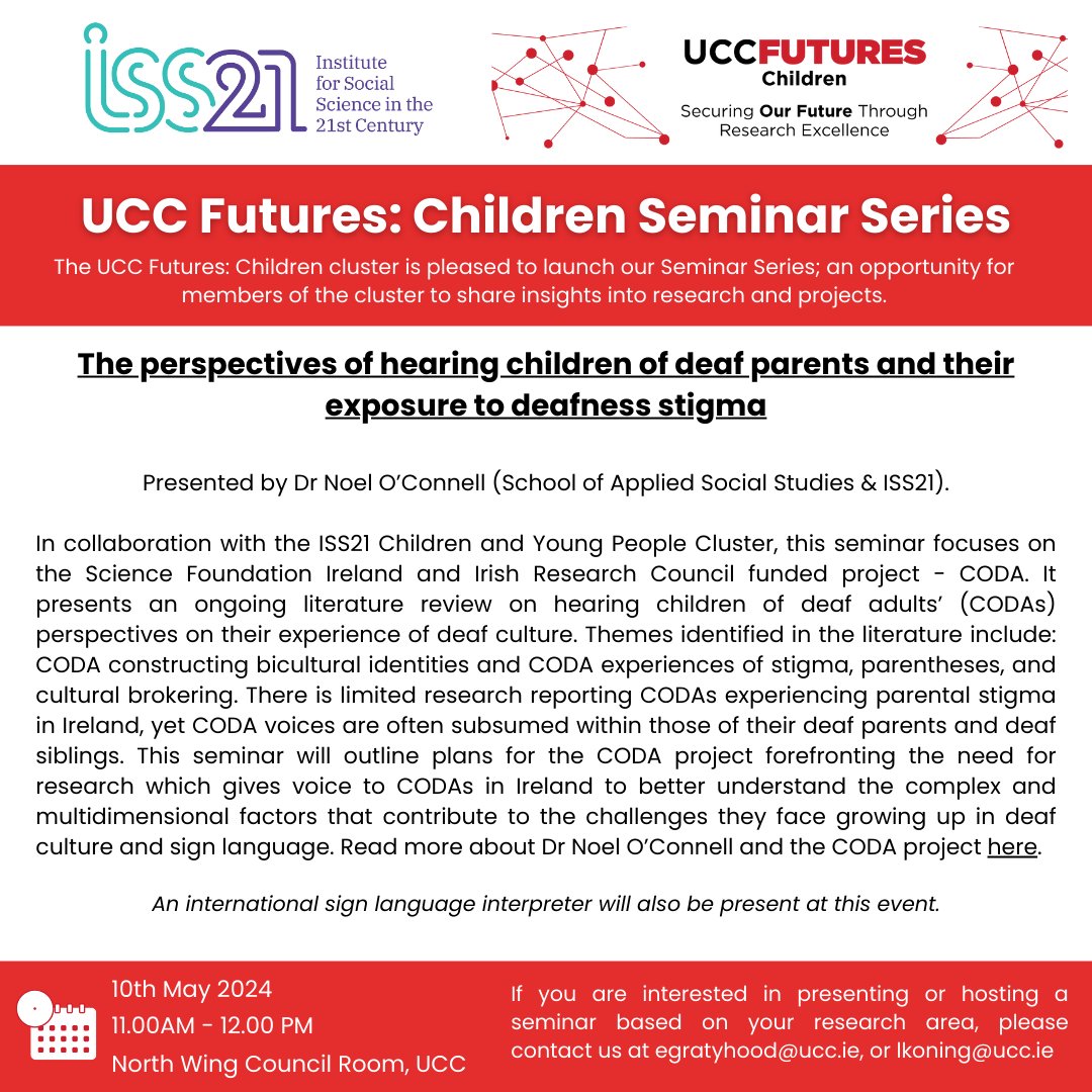 @ISS21UCC Seminar: Perspectives of hearing children of deaf parents & their exposure to deafness stigma. 🗓️ Fri 10th May ⏰ 11.00am - 12:00pm 📍 North Wing Council Room 🗣️ Dr Noel O'Connell Learn more about Dr O’Connell and CODA ⬇️ ucc.ie/en/iss21/peopl…