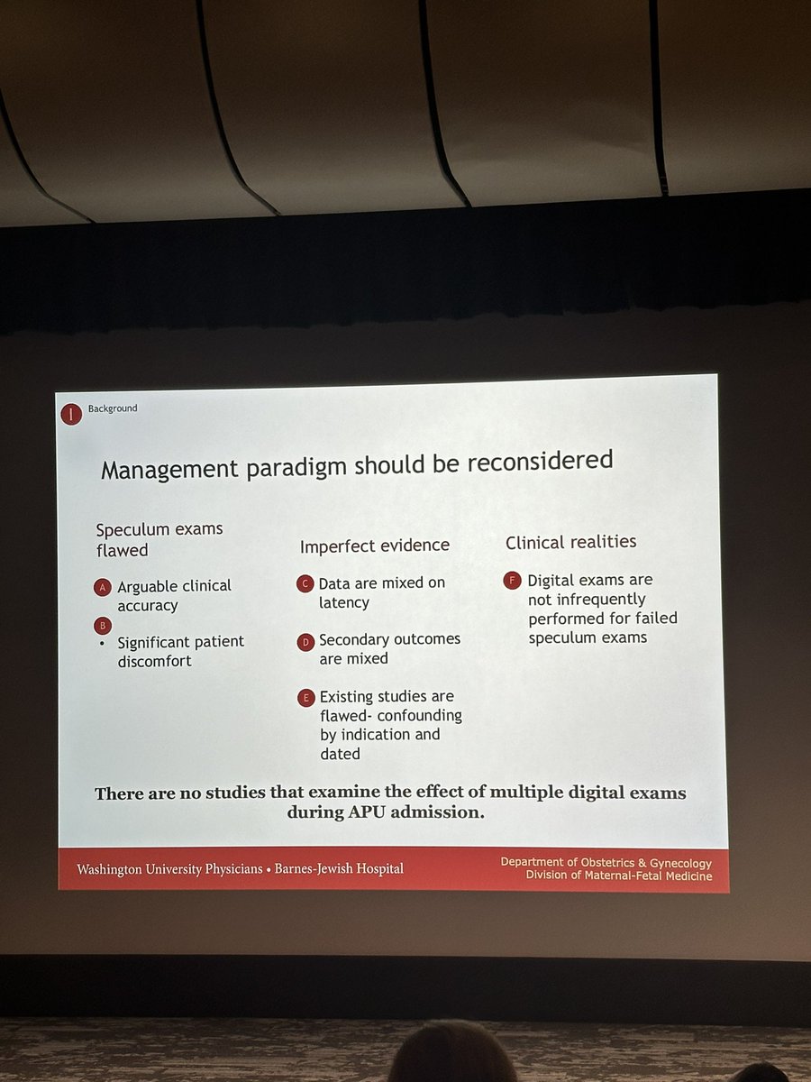 Ok OB’s , this one is a myth buster and I’m here for it. @WashU_OBGYN MFM fellow Dr Julie Burd presenting her retrospective work on equivalence of digital vs spec exams in patients with #PPROM. stay tuned for the results of her RCT on this topic! #MOCAtrial