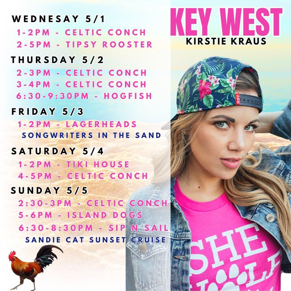 Hey! Don’t forget the fun and great entertainment starts today! With the gorgeous sweet, super talented @KirstieKraus , first at 2 PM in the Celtic Conch then 5 PM Typsy Rooster all in Key West, FL