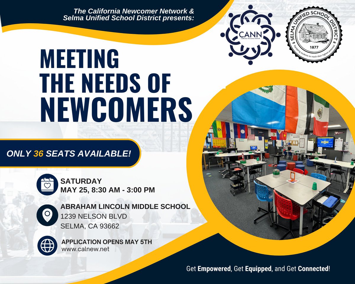 📢 Calling all dedicated Ts of #newcomer Ss! Don't miss the FREE "Meeting the Needs of Newcomers" wkshp, brought to you by the state's premier Newcomer network. This VIP event is your gateway to empowerment &amp; effective tchg strategies. Applications  open May 5-claim your spot!