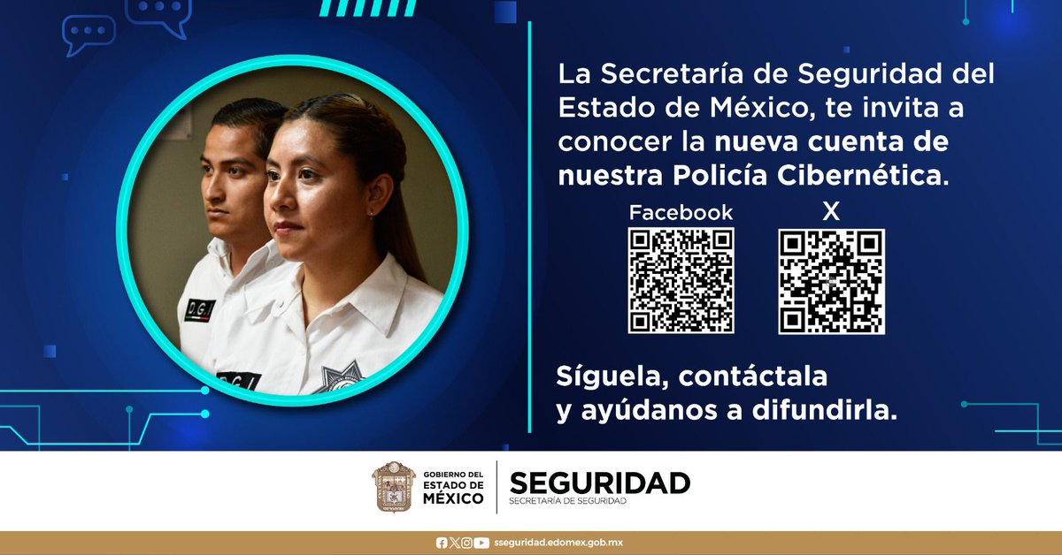 Te invitamos a seguir la cuenta oficial de la Policía #CibernéticaEdoméx, sitio en el que podrás encontrar información preventiva acerca de la web. Síguela en sus redes sociales. 👇 X: @PoliCiberEdomex FB: @Policía Cibernética del Estado de México