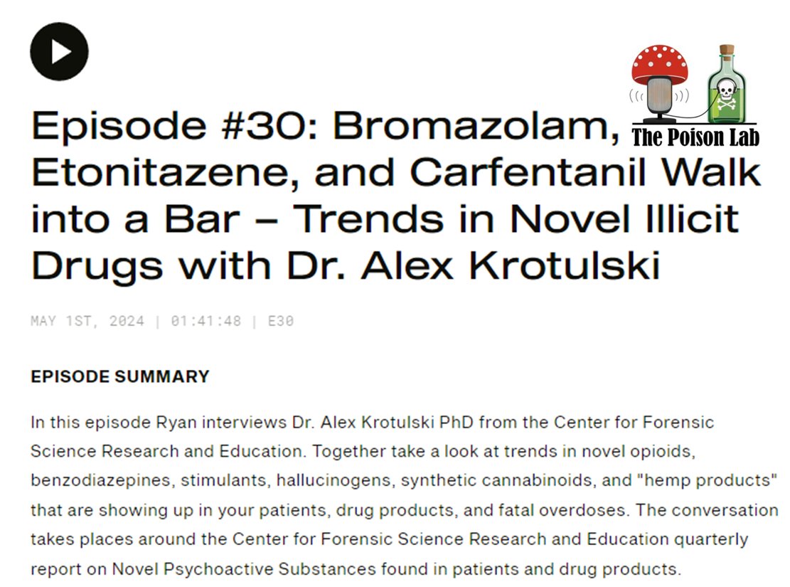 The Poison Lab (@labpoison) on Twitter photo 🍄New #ThePoisonLab Alert! 🎙️
Ryan <a href="/EMPoisonPharmD/">Ryan Feldman (empoisonpharmd.bsky.social)</a> tackles novel psychoactives with Dr. Alex Krotulski <a href="/alexkrotulski/">Alex J Krotulski, PhD</a> of <a href="/CFSRE_/">CFSRE</a>.
Bromazolam to nitazenes, discover what's hiding in drug supplies and patients. 💊
Listen👉shorturl.at/kqstG or on any podcast platform! 🍄New #ThePoisonLab Alert! 🎙️
Ryan <a href="/EMPoisonPharmD/">Ryan Feldman (empoisonpharmd.bsky.social)</a> tackles novel psychoactives with Dr. Alex Krotulski <a href="/alexkrotulski/">Alex J Krotulski, PhD</a> of <a href="/CFSRE_/">CFSRE</a>.
Bromazolam to nitazenes, discover what's hiding in drug supplies and patients. 💊
Listen👉shorturl.at/kqstG or on any podcast platform!