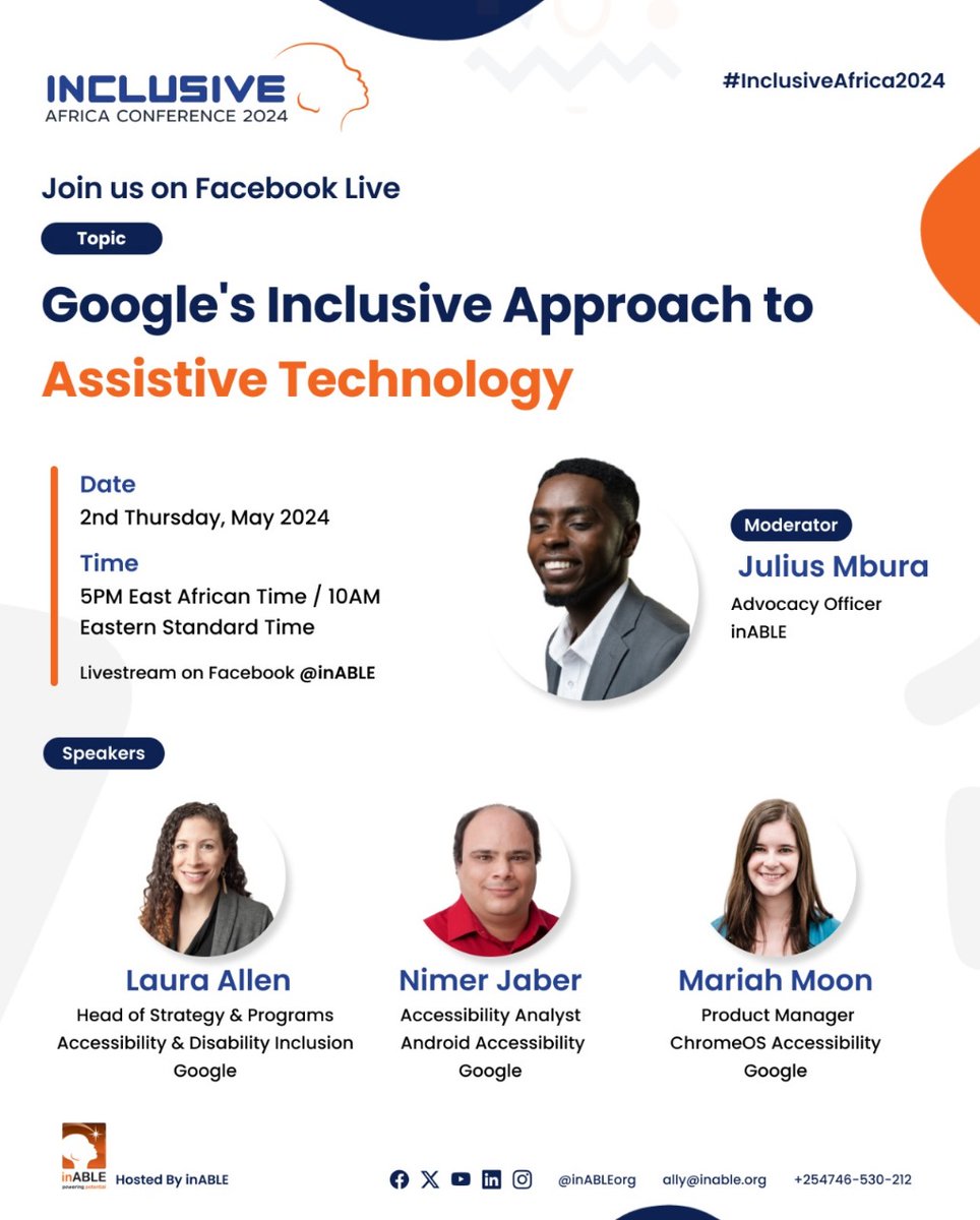 Join us tomorrow evening via @facebook live where we discuss @Google approach to assistive technology in enhancing inclusion among persons with disabilities brought to you by @inABLEorg @UDPKenya @InnovateNowAT @UBONGOtz @Communica1st