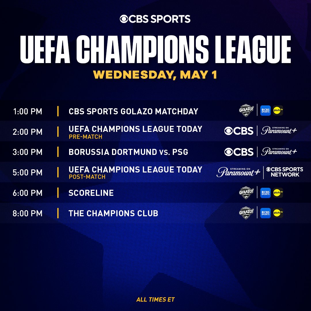 CBS Sports' UEFA Champions League Today studio show begins at 2 PM ET, on CBS and @paramountplus with guest analyst @delpieroale joining the crew in studio. @Carra23 heads to Dortmund's Yellow Wall with @Pschmeichel1 @BlackYellow vs. @PSG_English kicks off at 3 PM ET, on CBS…