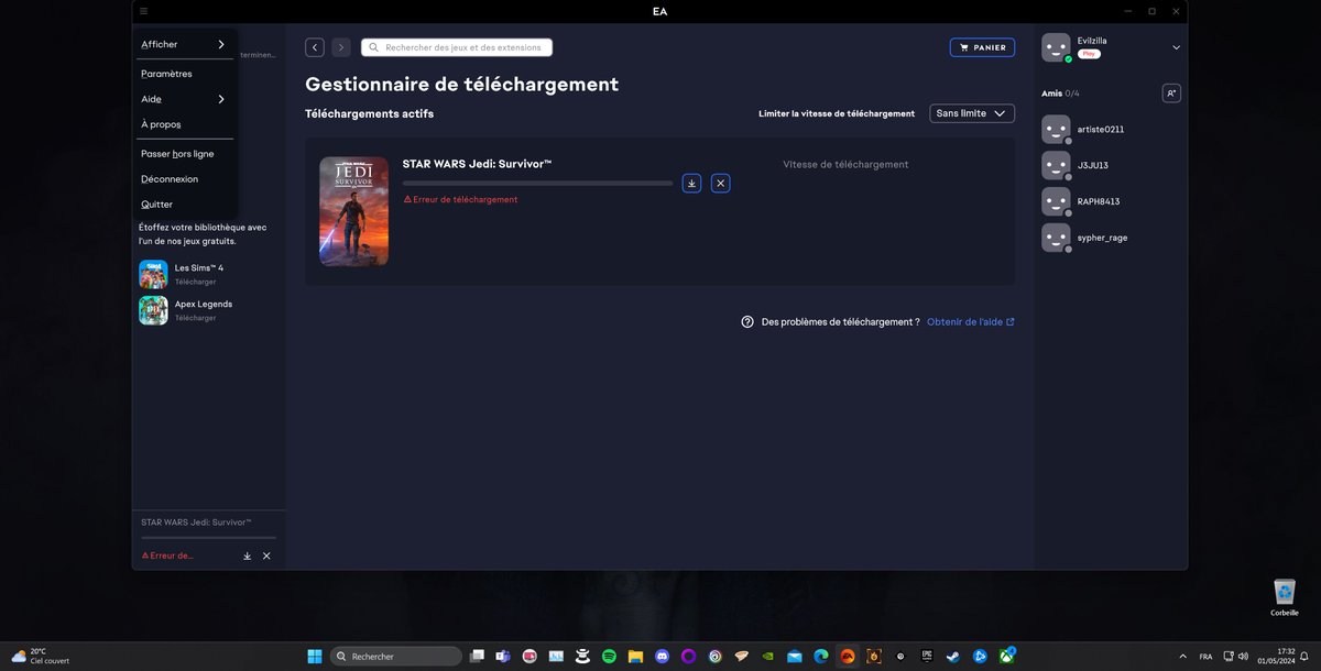 Les joies du démat😁
Jedi Survivor qui disparait de la bibliothèque, en le trouvant l'option de 'Jouer' et remplacé par 'Télécharger'. 
Je le désinstalle et en voulant le réinstaller une erreur. Cool du coût les serveurs travail pas aujourd'hui ?
@EAFrance @EAHelp